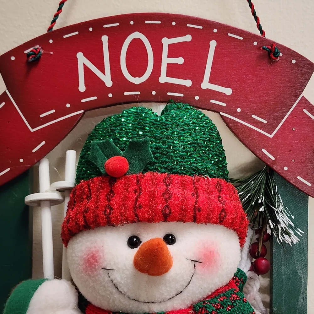 Red and Green Wood Wall Or Shelf Decor Plush Snowman With Pail Of Snowballs